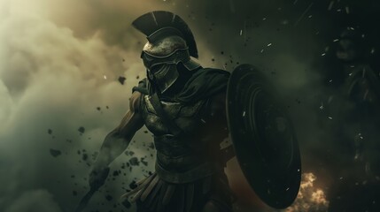 Fototapeta premium Fierce Spartan Warrior in Battle Armor with Shield Amidst Smoke and Debris