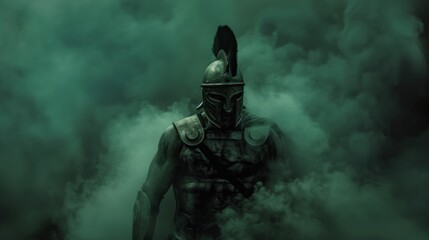 Fototapeta premium Formidable Spartan Warrior in Full Armor Emerging Through Smoke