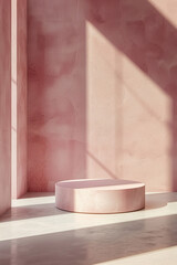 An empty product podium with copy space in a soft pastel color, standing alone in a minimalist space with ample lighting and with space for product, vertical