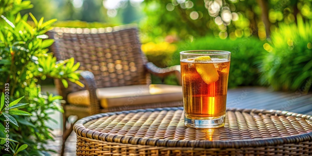 Poster A glass of iced tea on a wicker table.