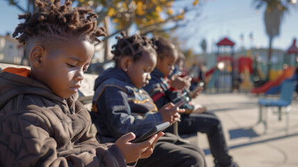 Multiracial children scrolling on their phones on bench an empty children's playground. Generative ai