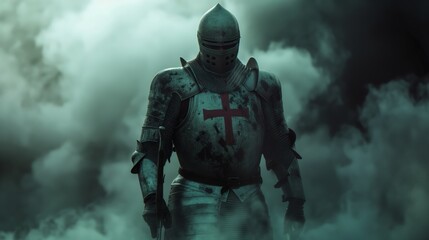 Fototapeta premium Majestic Templar Knight in Full Armor with Red Cross Emblem Amidst Smoke