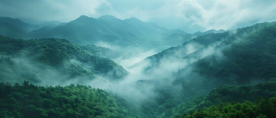 Obraz premium Serene Mountain Retreat: Tranquil Landscape with Soft Mist and Majestic Peaks