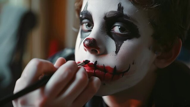 Pushing towards a close up of a young girls face looking at the camera as her mom applies joker make up for Halloween costume. For Halloween meme.