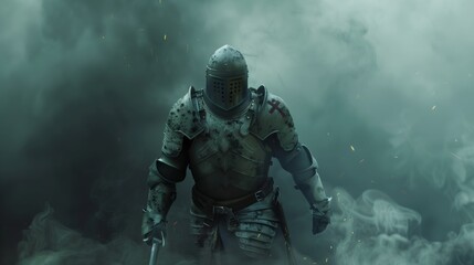 Armored Templar Knight Emerging Through Smoke in Battle