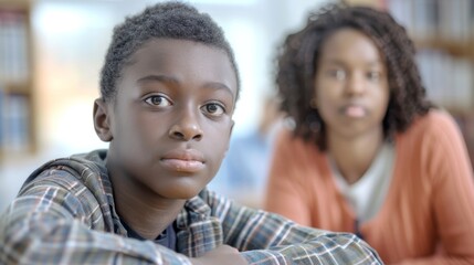 Woman teacher tutor helping African American child girl student with homework learning in classroom. Day care studies. Generative ai