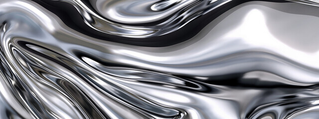 Abstract liquid metal texture background with flowing and reflective silver waves