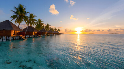 Tropical overwater bungalows at sunset in Maldives