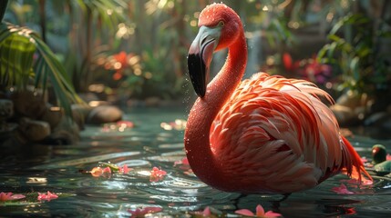 Fototapeta premium Detailed view of a flamingo in a lagoon, capturing its vibrant plumage and elegance. AI Generative.