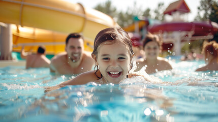 Obraz premium A family having a fun day at the water park, with kids sliding down water slides and parents relaxing by the pool