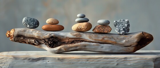 Obraz premium Tranquil Zen Stones on Driftwood Log in Harmony with Nature for Meditation and Balance