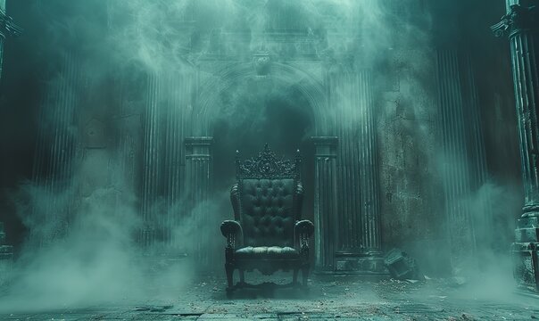 Eerie gothic throne, regal and ominous, adorned with lavish embellishments, dominates the foreground of a sinister Halloween scene, inviting whispers of dark opulence.