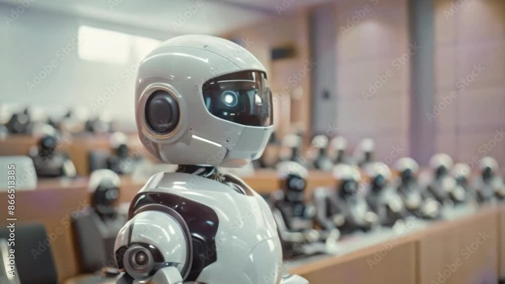 Fototapete a white robot stands in a classroom setting, with other robots in the background.