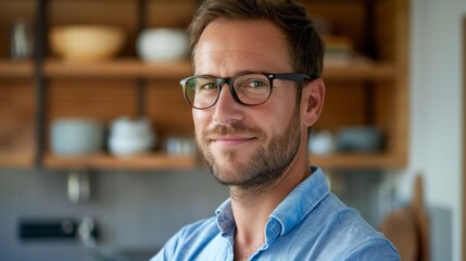 Obraz premium A close-up portrait of a smiling man wearing glasses, captured in a home kitchen