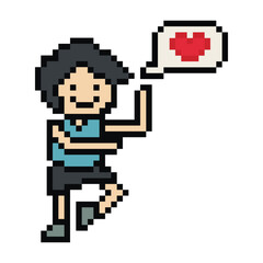 Fototapeta premium Cute pixel cartoon 8bit character man exercises training dance lifestyle music decoration life style 8 bit male boy dance with music game fitness isolated PNG vector.
