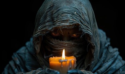 Naklejka premium Grim Reaper looms over melting candle, casting sinister aura on haunting black canvas. Halloween's eerie backdrop beckons with cryptic whispers, inviting chilling tales to unfold.