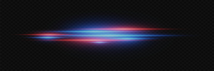 Dynamic light, speed neon lines.  Red and blue light rays. Police lighting effects. On a transparent background.