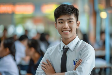 Fototapeta premium Handsome Asian male high school student wearing uniform smiling and standing with arms crossed in the classroom, creating an atmosphere of confident self Convenient composition background blurring pro