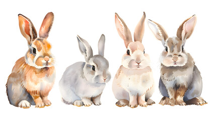 Obraz premium Group of rabbits watercolor illustration isolated on transparent background