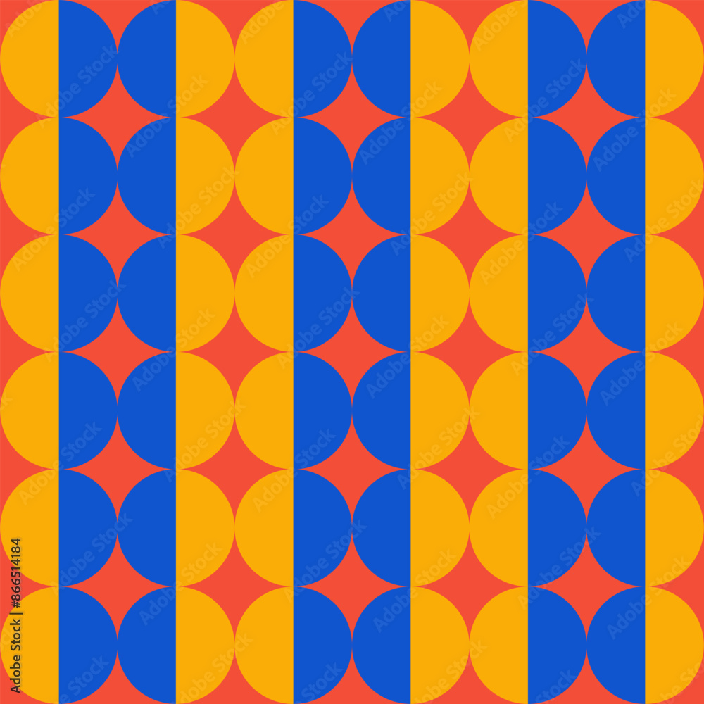 Poster Trendy retro geometric seamless pattern with colorful semicircles and circles. Modern abstract background. Red, blue and yellow colors. Vector illustration