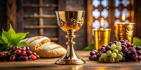 Elegant golden chalice with bread and grapes on a table.