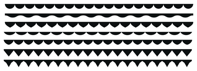 Set of seamless borders. Scallop border, dividers for frames or frill ribbons vector design element.