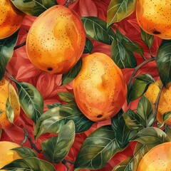 watercolor Mangoes on vintage crimson background, seamless repeating pattern, minimal pattern, high contrasty 