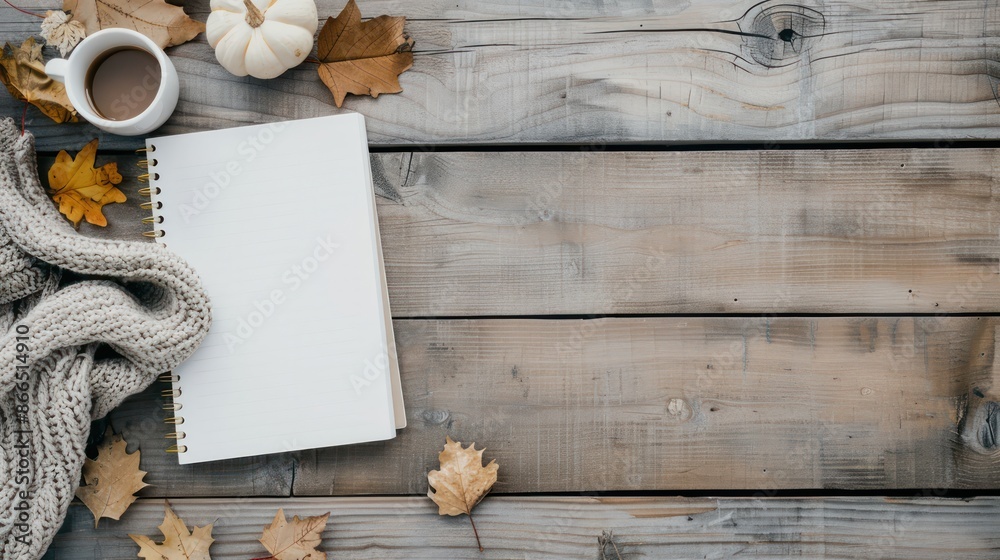 Aufkleber a notebook sits on a wooden table with a cup of coffee and a pile of autumn leaves. concept of warmt