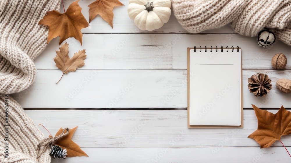 Poster a white notebook sits on a wooden table with autumn leaves and pumpkins. the notebook is empty, but 