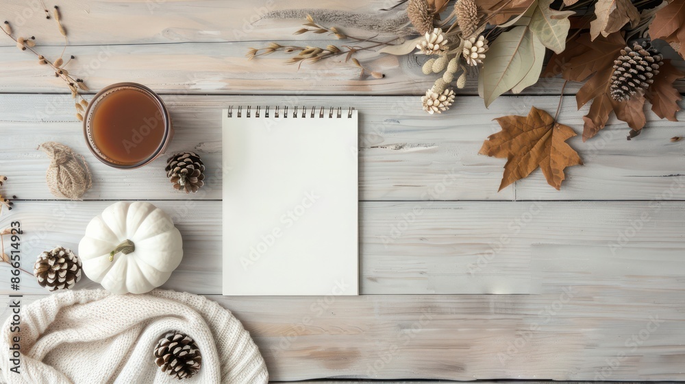 Poster a white notebook sits on a wooden table with a pumpkin, a cup of coffee, and a pile of pine cones. t