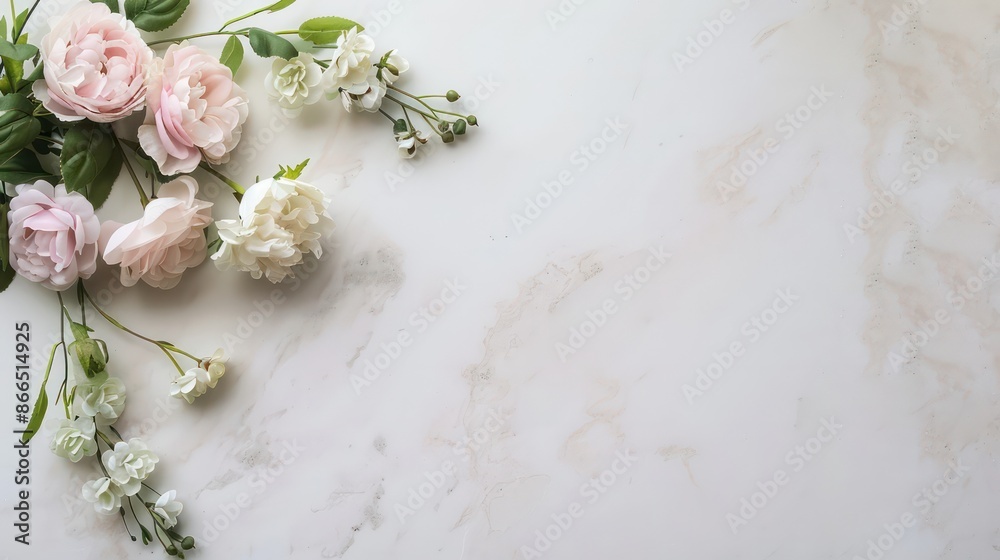 Poster a white background with a bunch of flowers on it. the background is very clean and simple