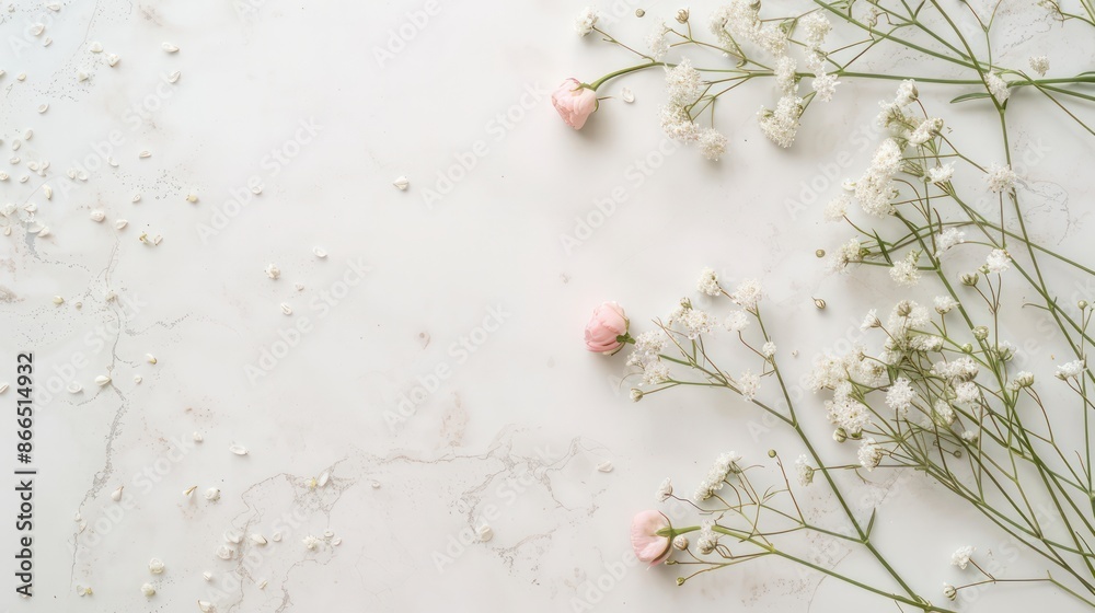 Poster a white background with a bunch of pink flowers. the flowers are scattered all over the background, 