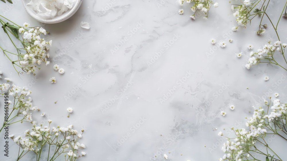 Poster A white background with a white flower arrangement in the center. The flowers are white and arranged in a circular pattern