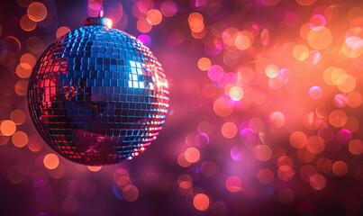 Obraz premium Disco ball aglow with shimmering lights, inviting revelers to dance beneath its vibrant embrace, leaving ample space for memories.