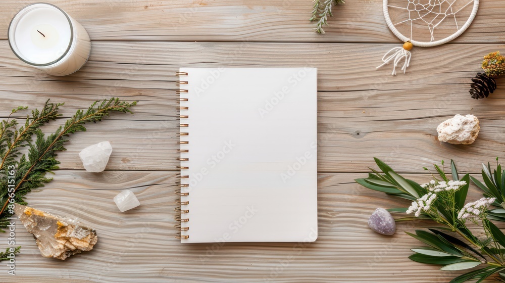 Aufkleber a notebook sits on a wooden table with a candle and a dreamcatcher. the notebook is empty, and the s