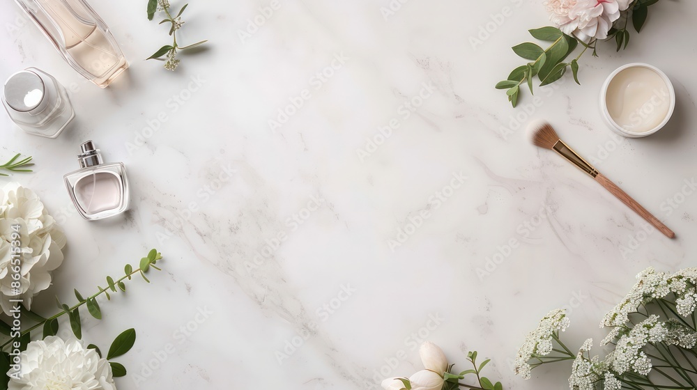 Aufkleber a white background with a floral arrangement and a few bottles of perfume. the perfume bottles are p