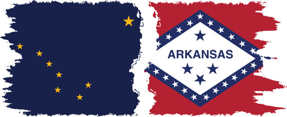 Arkansas and Alaska states grunge brush flags connection, vector