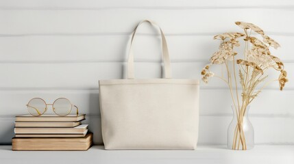 A white tote bag sits on a table next to a vase of flowers and a stack of books. Concept of relaxation and leisure, as the bag and flowers suggest a casual, laid-back atmosphere
