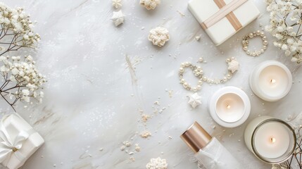 A white background with candles, flowers, and a white box