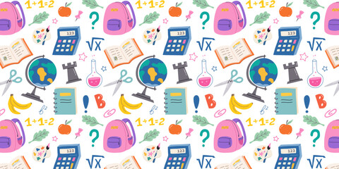 Repeating vector pattern with school supplies and stationery. Background for educational and school concept. Suitable for packaging, textbook covers, notebooks, student diaries