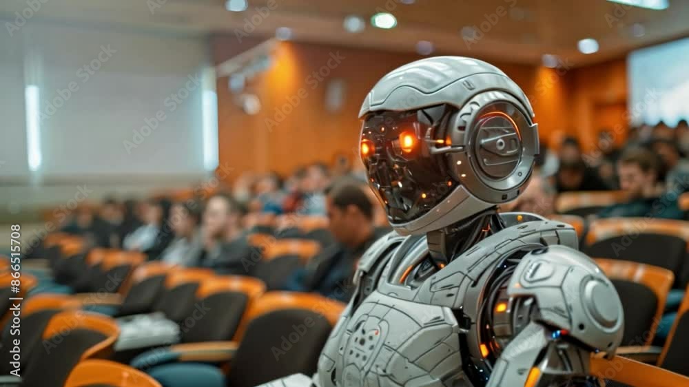 Aufkleber a humanoid robot sits in an auditorium lecture hall, listening to a presentation alongside a crowd o