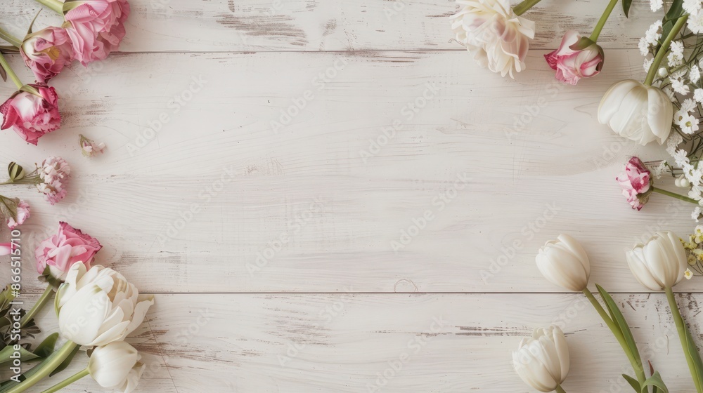 Aufkleber a white background with a floral border. the flowers are pink and white. the background is wooden an