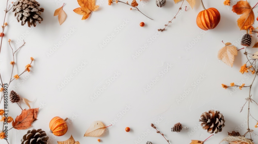 Poster a white background with a frame of autumn leaves and pine cones