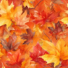 Fototapeta premium watercolor Maple leaves in shades of gold, orange, and red, delicate vine patterns, soft amber background, elegant and warm, seamless repeating pattern, minimal pattern, high contrasty 