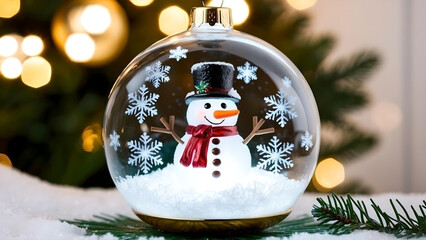 Enchanting Winter Wonderland. Snowman and Snowflakes Christmas Bauble with a gold base
