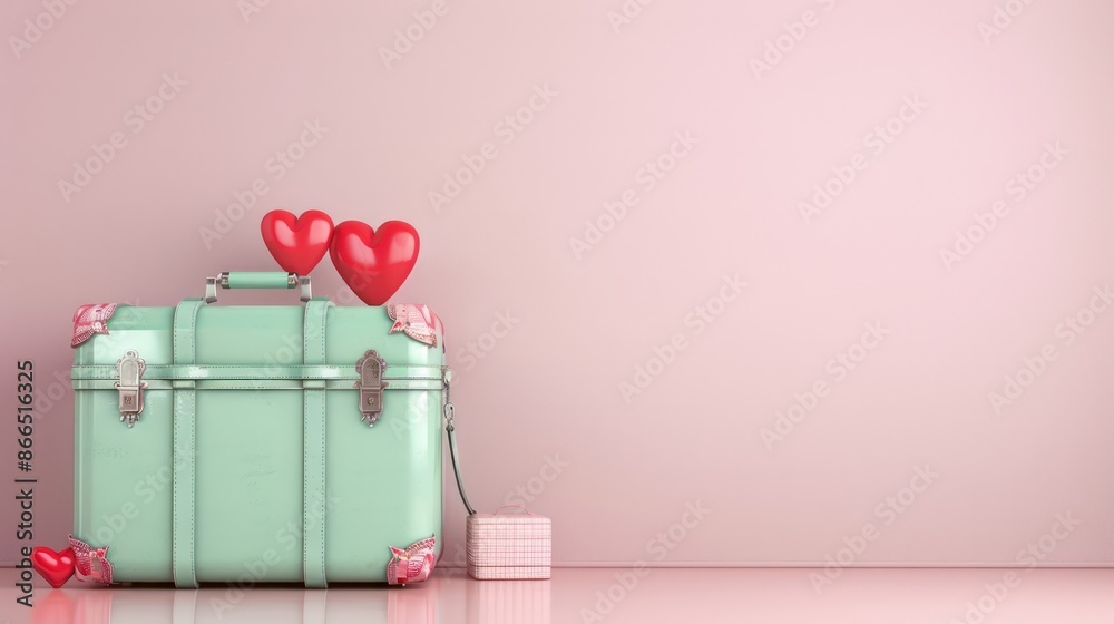 Poster a green suitcase with three red hearts on it. the suitcase is on a pink background. the suitcase is 