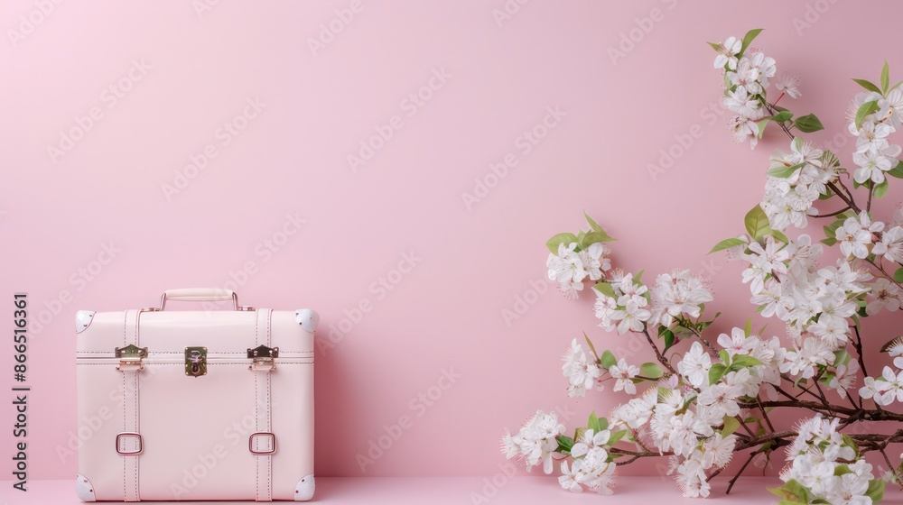 Poster a pink suitcase sits on a pink background with a pink flower in the foreground. the suitcase is open