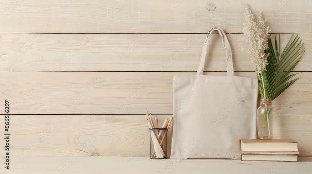 Poster a white canvas bag sits on a wooden table next to a vase of flowers and a pencil case. concept of si