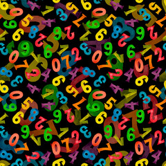 Seamless pattern with multi-colored numbers layers. Mathematics. For children. On a black background.
