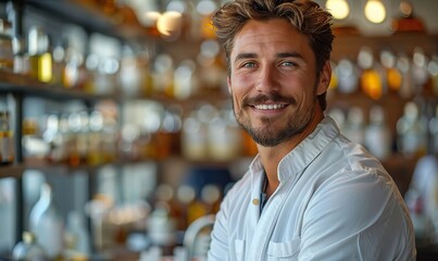 Charming portrait captures a handsome pharmacist's smile.